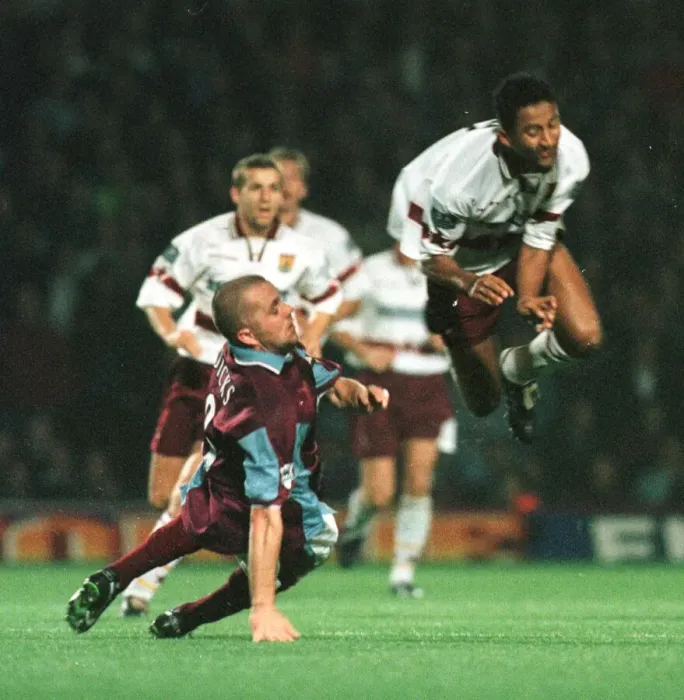 Framed Print : Julian Dicks football player for West Ham United Sept 1998 gets a yellow card on his Framed Print : Julian Dicks football player for West Ham United Sept 1998 gets a yellow card on his