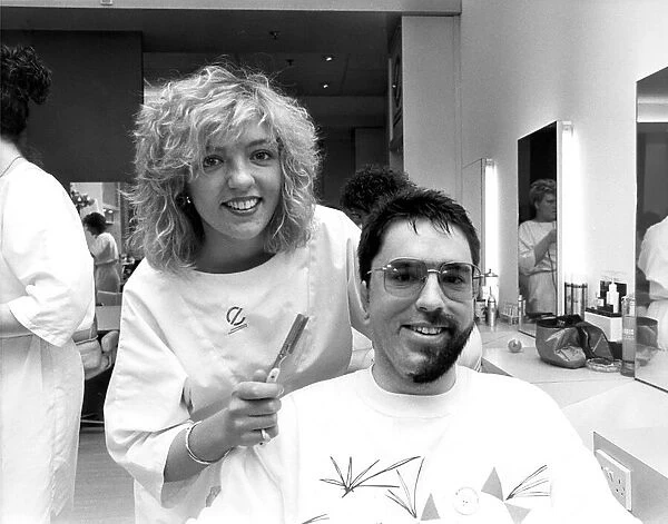 Julie Barker shaves half the beard off David Lees of Cramlington for Comic Relief in 1989