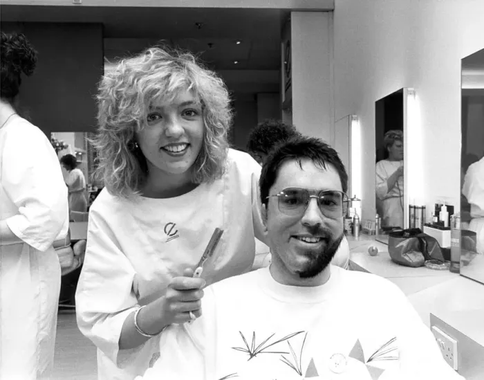 Framed Print : Julie Barker shaves half the beard off David Lees of Cramlington for Comic Relief in 1989 Framed Print : Julie Barker shaves half the beard off David Lees of Cramlington for Comic Relief in 1989