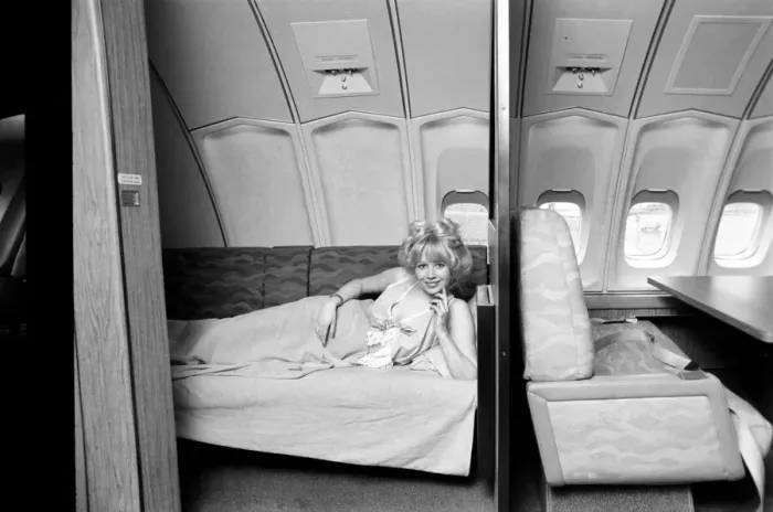Framed Print : Jumbo Jet: Sleeping: First Class: Bedroom in the Sky: 23 year old model Jenny Clare