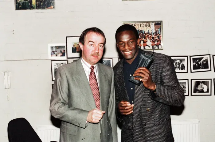Framed Print : Justin Fashanu with new manager Frank Clarke, pictured together after his signing for Framed Print : Justin Fashanu with new manager Frank Clarke, pictured together after his signing for