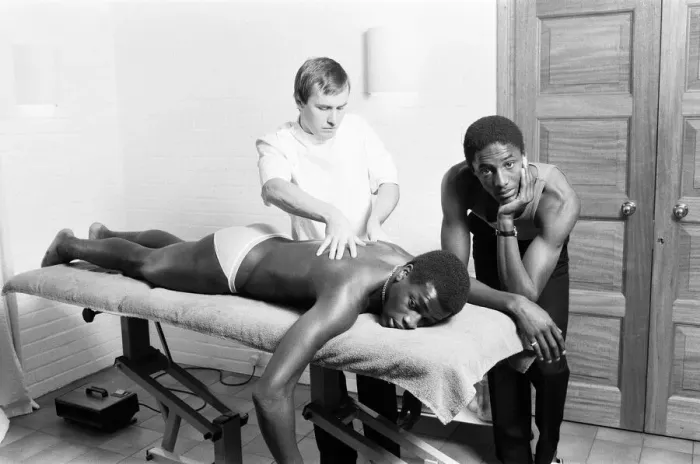 Framed Print : Justin Fashanu, Nottingham Forest Football Player, on the treatment table