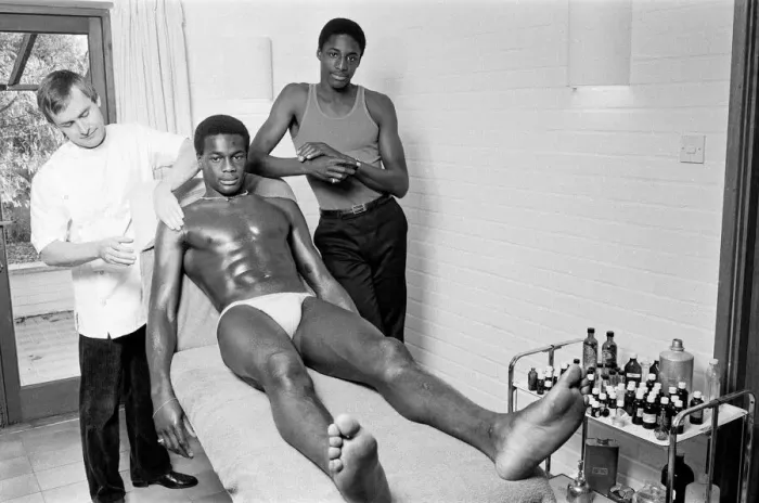 Framed Print : Justin Fashanu, Nottingham Forest Football Player, on the treatment table Framed Print : Justin Fashanu, Nottingham Forest Football Player, on the treatment table