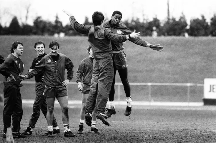 Framed Print : Justin Fashanu. pictured during England U21 training session, 15th March 1982 Framed Print : Justin Fashanu. pictured during England U21 training session, 15th March 1982
