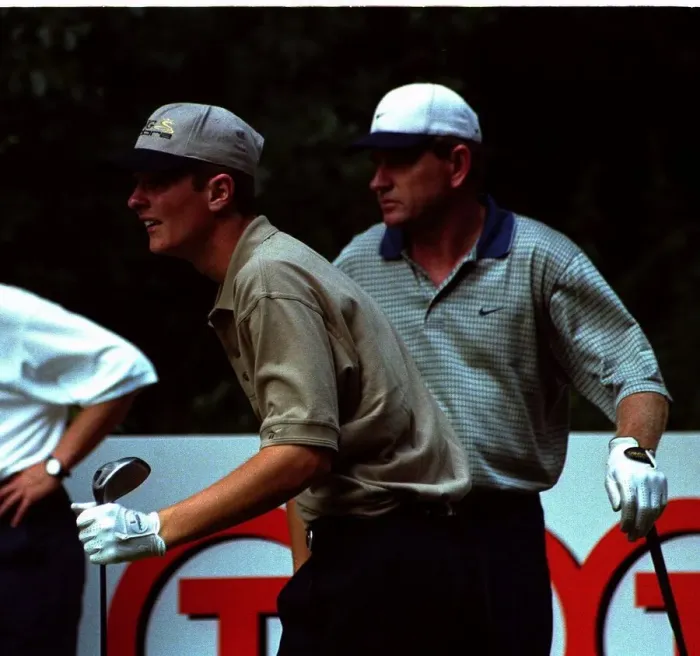 Framed Print : Justin Rose under the watchful eye of his hero Nick Price as they practice for the Dutch Framed Print : Justin Rose under the watchful eye of his hero Nick Price as they practice for the Dutch