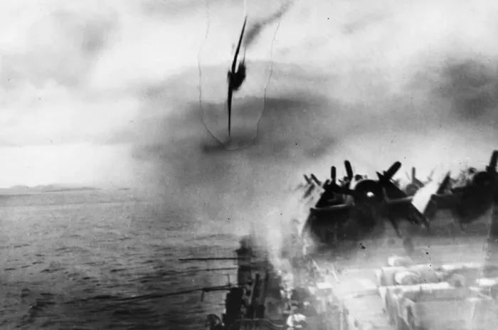 Framed Print : A Kamikaze pilot of the Imperial Japanese Air Force in a suicide attack on the American
