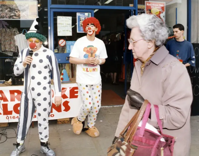 Framed Print : Karaoke clowns Peter Watson (right) and Stephen Brooks entertain shoppers in Stockton Framed Print : Karaoke clowns Peter Watson (right) and Stephen Brooks entertain shoppers in Stockton