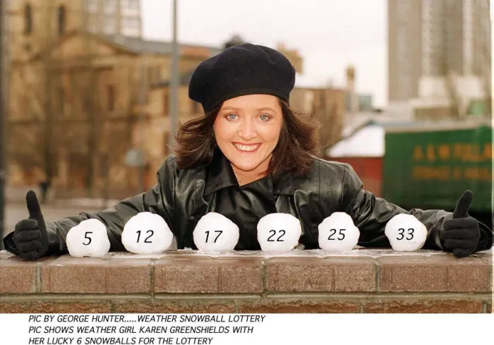 Framed Print : Karen Greenshields TV weather girl with Snoball Lottery black beret leather jacket