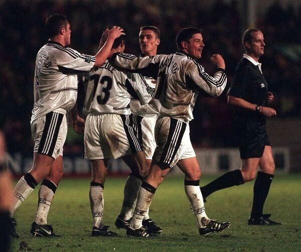 KARL HEINZ RIEDLE FOOTBALL PLAYER OF FULHAM NOV 1999 CELEBRATES AFTER SCORING HIS GOAL