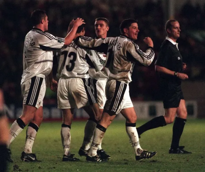 Framed Print : KARL HEINZ RIEDLE FOOTBALL PLAYER OF FULHAM NOV 1999 CELEBRATES AFTER SCORING HIS GOAL Framed Print : KARL HEINZ RIEDLE FOOTBALL PLAYER OF FULHAM NOV 1999 CELEBRATES AFTER SCORING HIS GOAL