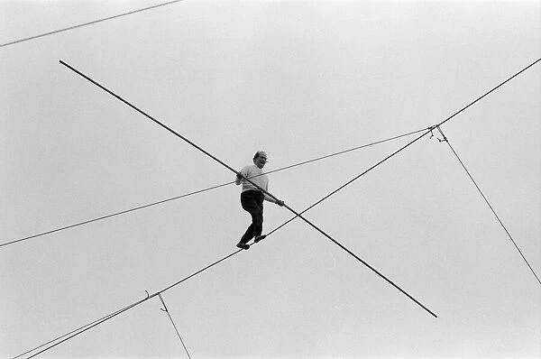 Karl Wallenda, Tightrope Walker, crosses over Europes largest circus tent wire