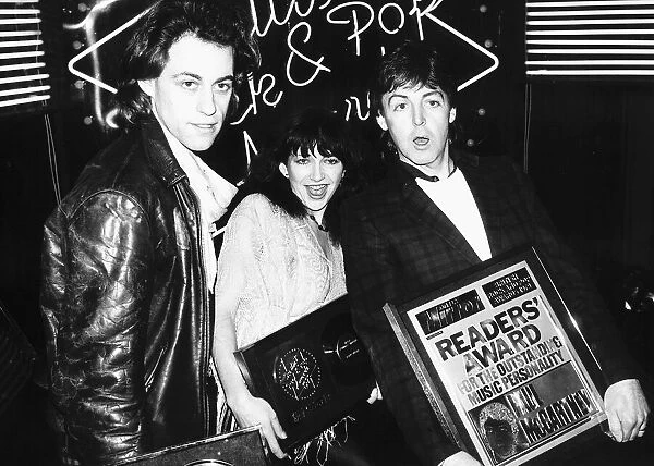 Kate Bush with fellow pop singers Bob Geldof and Paul McCartney at The British Rock