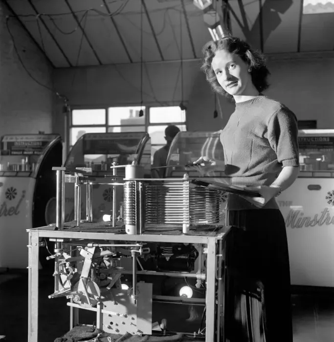 Framed Print : Kathleen Craig juke box queen who selects records for jukeboxes. 1956 A516-003 Framed Print : Kathleen Craig juke box queen who selects records for jukeboxes. 1956 A516-003