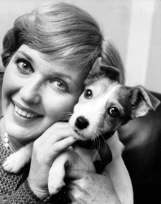 Framed Print : Katie Boyle with a mongrel puppy dog at Battersea dogs home in London