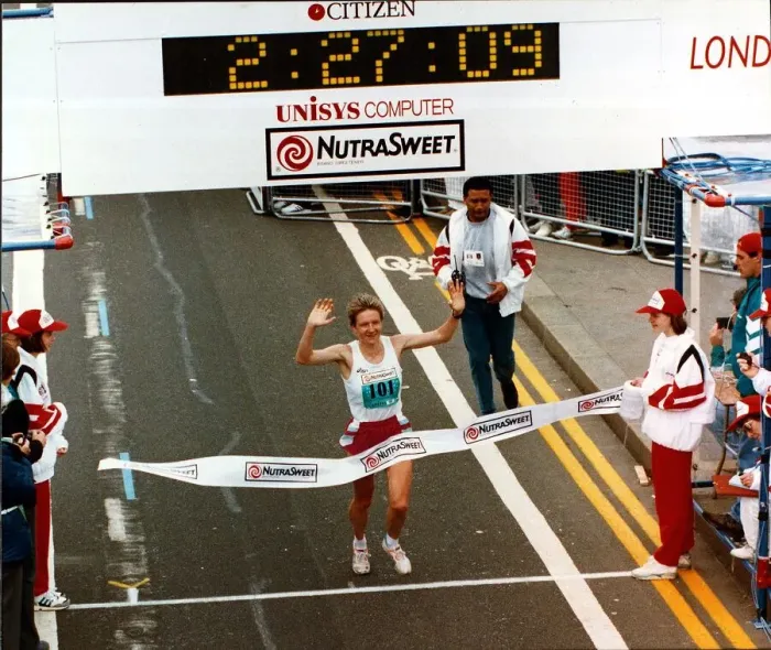 Framed Print : Katrin Dorre crosses the finish line of the 1993 London Marathon