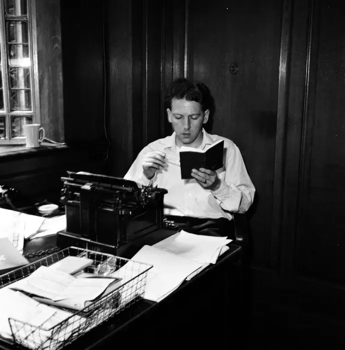 Framed Print : Keith Waterhouse Daily Mirror Newspaper Columnist, pictured at his desk July 1957 Framed Print : Keith Waterhouse Daily Mirror Newspaper Columnist, pictured at his desk July 1957