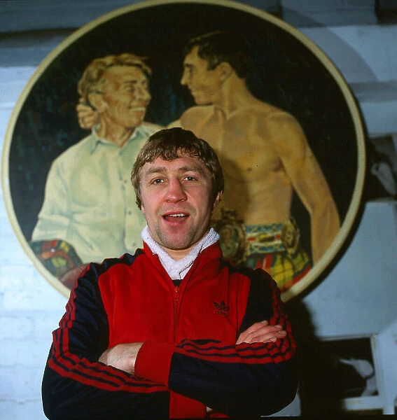 Ken Buchanan boxer December 1981 Arms folded portarit mural on wall
