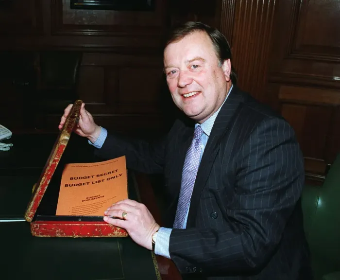 Framed Print : Kenneth Clarke MP and Chancellor of the Exchequer with the Budget Box at the Treasury