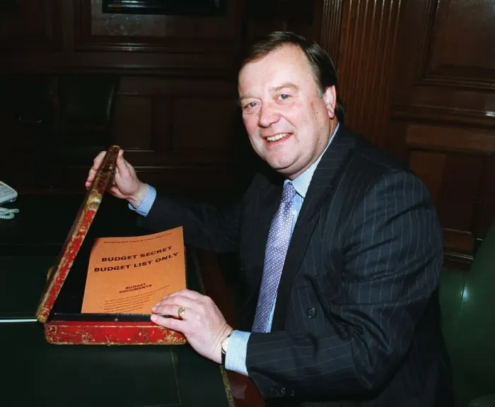 Framed Print : Kenneth Clarke MP and Chancellor of the Exchequer with the Budget Box at the Treasury