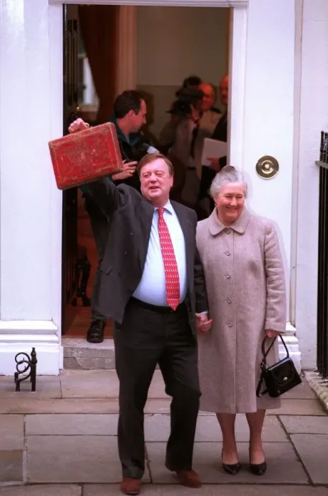 Framed Print : Kenneth Clarke MP chancelor of the exchequer with his wife Gillian Clarke stand outside Framed Print : Kenneth Clarke MP chancelor of the exchequer with his wife Gillian Clarke stand outside
