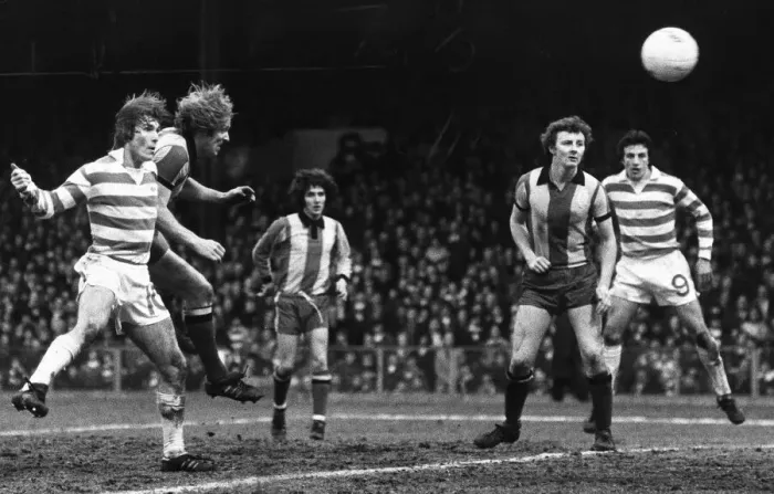 Framed Print : Kenny Dalglish Celtic heads for second goal beating Jackie Campbell Partick onlookers Framed Print : Kenny Dalglish Celtic heads for second goal beating Jackie Campbell Partick onlookers