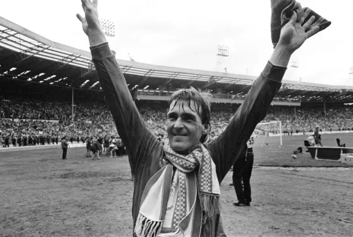 Framed Print : Kenny Dalglish football 1986 after Liverpool won the FA Cup Liverpool 3 Everton 1