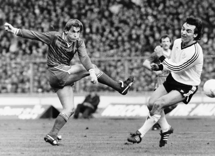 Framed Print : Kenny Dalglish footballer Liverpool FC kicking ball shot shooting League Milk Cup final