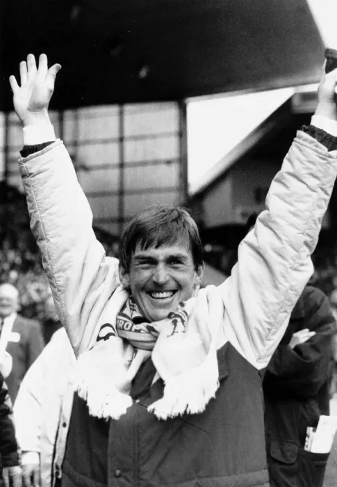 Framed Print : Kenny Dalglish manager Liverpool FC with arms in the air raised scarf around neck
