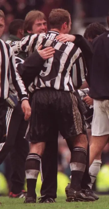 Framed Print : Kenny Dalglish Newcastle manager April 1997 hugging Alan Shearer who had scored Framed Print : Kenny Dalglish Newcastle manager April 1997 hugging Alan Shearer who had scored