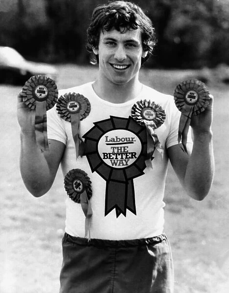 Kenny Sansom Arsenal and England footballer May 1979 wearing a Labour Party T