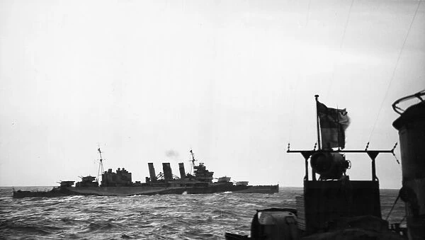 The Kent class cruiser of the Royal Navy HMS Cumberland at sea during the Second World