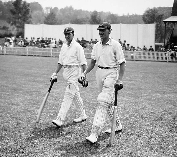 Kent v. Sussex. Henry Roberts and Maurice Tate walk out to bat for Sussex