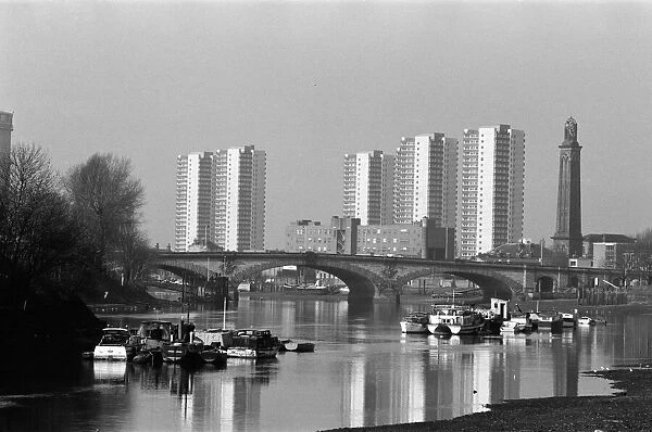 Kew Bridge and the River Thames in London. 5th March 1971