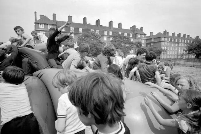 Framed Print : Kids in the Park: It was shoes off in Tabbard Gardens, Bermondsey, today (Saturday)