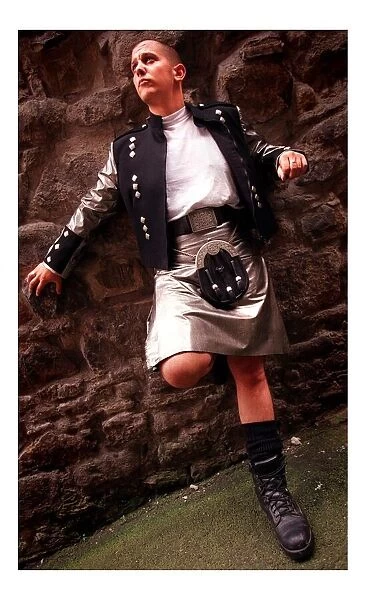 Kilt fashion for men, August 1998 Howard Nicholsby PVC kilt with matching jacket