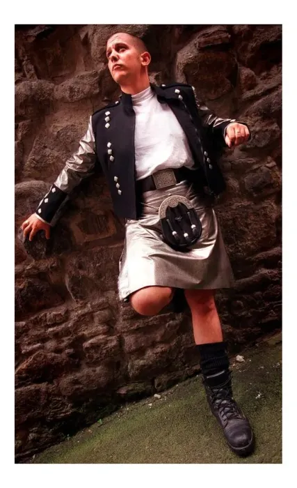 Framed Print : Kilt fashion for men, August 1998 Howard Nicholsby PVC kilt with matching jacket Framed Print : Kilt fashion for men, August 1998 Howard Nicholsby PVC kilt with matching jacket