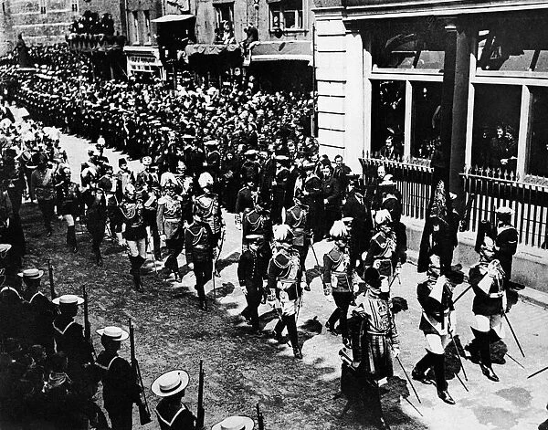 King Edward VII Funeral passing through Windsor 1910. There are nine heads of state