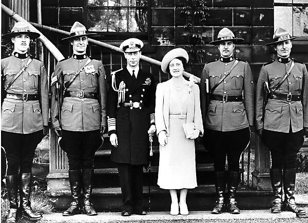 King George and Queen Elizabeth the Queen Mother with four Canadian Mounted Police their