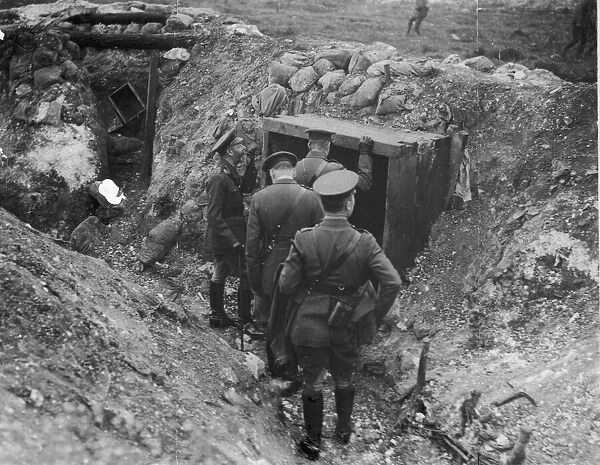 King George V looking at a German dugout, Western Front, during World War I