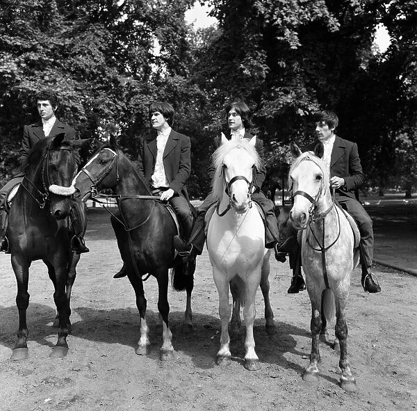 The Kinks take their first riding lesson in Rotten Row, Hyde Park August 1964