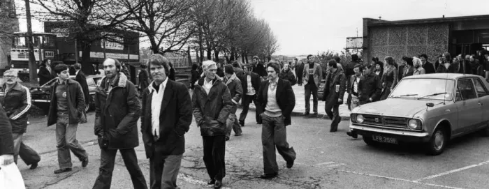 Framed Print : Kirkby Manufacturing and Engineering workers cooperative, members leaving meeting