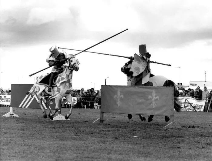 Framed Print : Knights on horseback clash at a jousting tournament in June 1984 Framed Print : Knights on horseback clash at a jousting tournament in June 1984