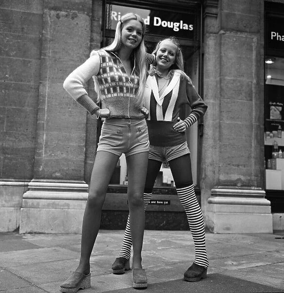 Knitwear fashions at Grosvenor House, London. Vicki Wise and Linda. 20th April 1972