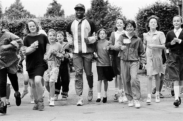 Kriss Akabusi at Geoffrey Field School, Reading. 8th July 1991