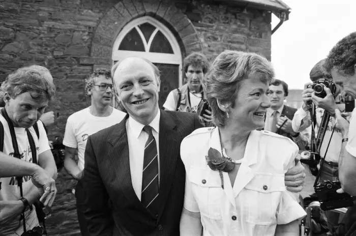 Framed Print : Labour leader Neil Kinnock and his wife Glenys go to cast their vote in the 1987 general Framed Print : Labour leader Neil Kinnock and his wife Glenys go to cast their vote in the 1987 general