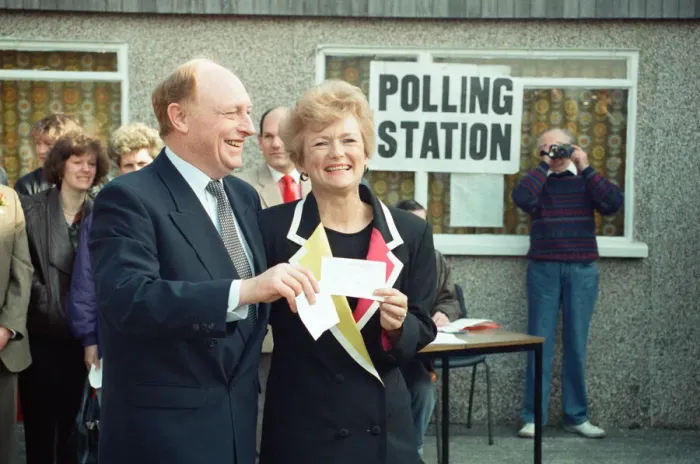 Framed Print : Labour leader Neil Kinnock and his wife Glenys cast their votes at Pontllanfraith