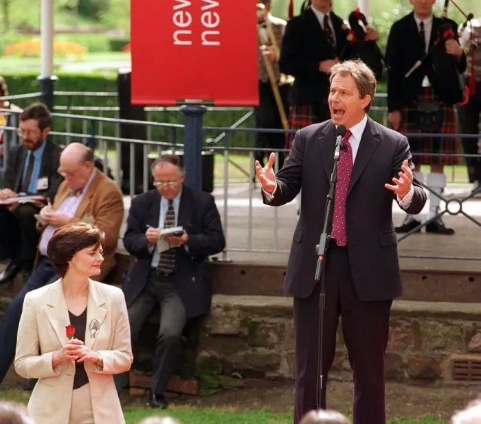 Framed Print : Labour Leader Tony Blair at Dumfries with wife Cherie Blair holding Red Rose