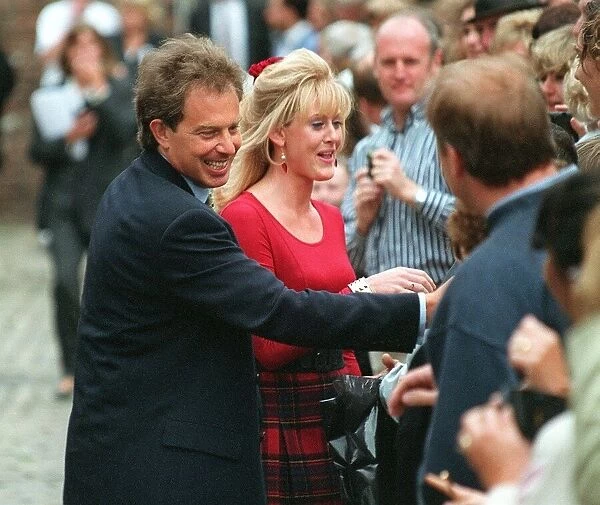 Labour Leader Tony Blair and Sarah Lancashire meeting the people on the set of Coronation