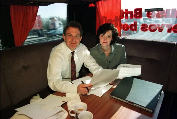 Framed Print : Labour leader Tony Blair with his wife Cherie on the Labour Partys battle bus