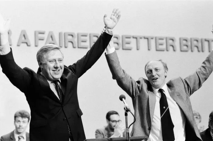 Framed Print : Labour Party Conference in Brighton. Neil Kinnock celebrates becoming the new leader of Framed Print : Labour Party Conference in Brighton. Neil Kinnock celebrates becoming the new leader of